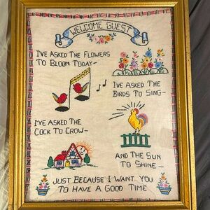 Vintage Antique Cross-Stitch Sampler ""welcome guests " framed